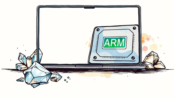 Mô hình chip xử lý kiến trúc ARM phát sáng ánh vàng kim đặt cạnh viên pin laptop mỏng với đồng hồ chỉ 25 tiếng